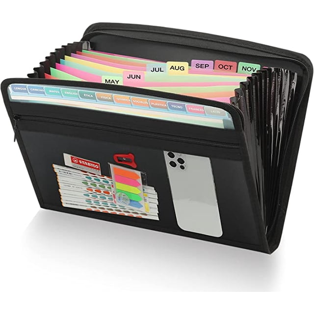 2-Pack Expanding File Folders (Black+Blue) – 13 Pockets, A4 Letter Size, Zippered Document Organizer With Labels