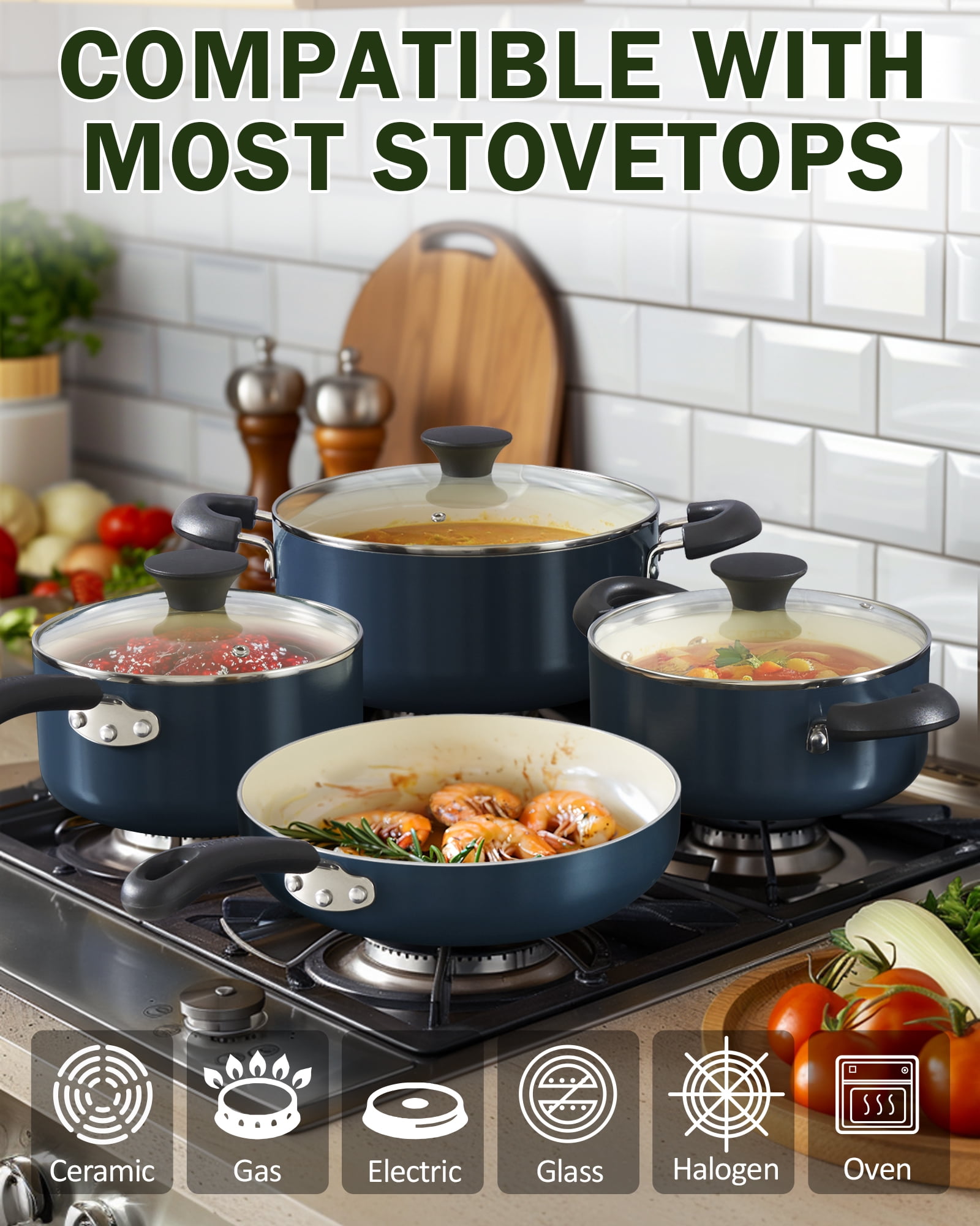 Cook N Home Basics Ceramic Nonstick Pots and Pans Cookware Set, Dutch Ovens and Saucepans with Glass Lid, Frying Pans without Lid, Not Induction, 10-Piece, Blue