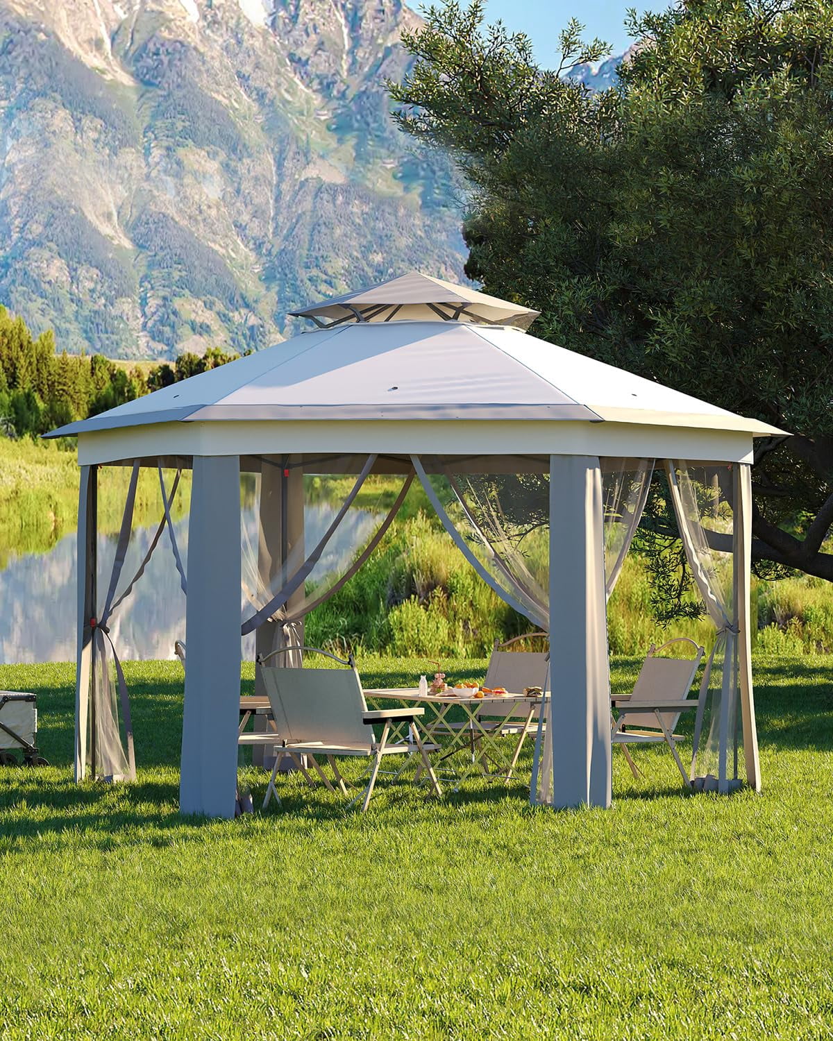 Luku 13'x13' Pop-Up Gazebo, Outdoor Hexagonal Patio Gazebo with Mosquito Netting, Instant Setup Canopy Tent with Strong Steel Frame and Sandbags, for Backyard, Gardens, Patio