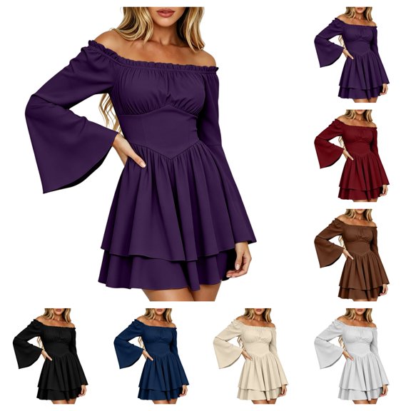 SAWOBUUN Women Corset Dress Off Shoulder Bell Sleeve Mini Dress Renaissance Pirate Fairy Dress for Halloween Medieval Party