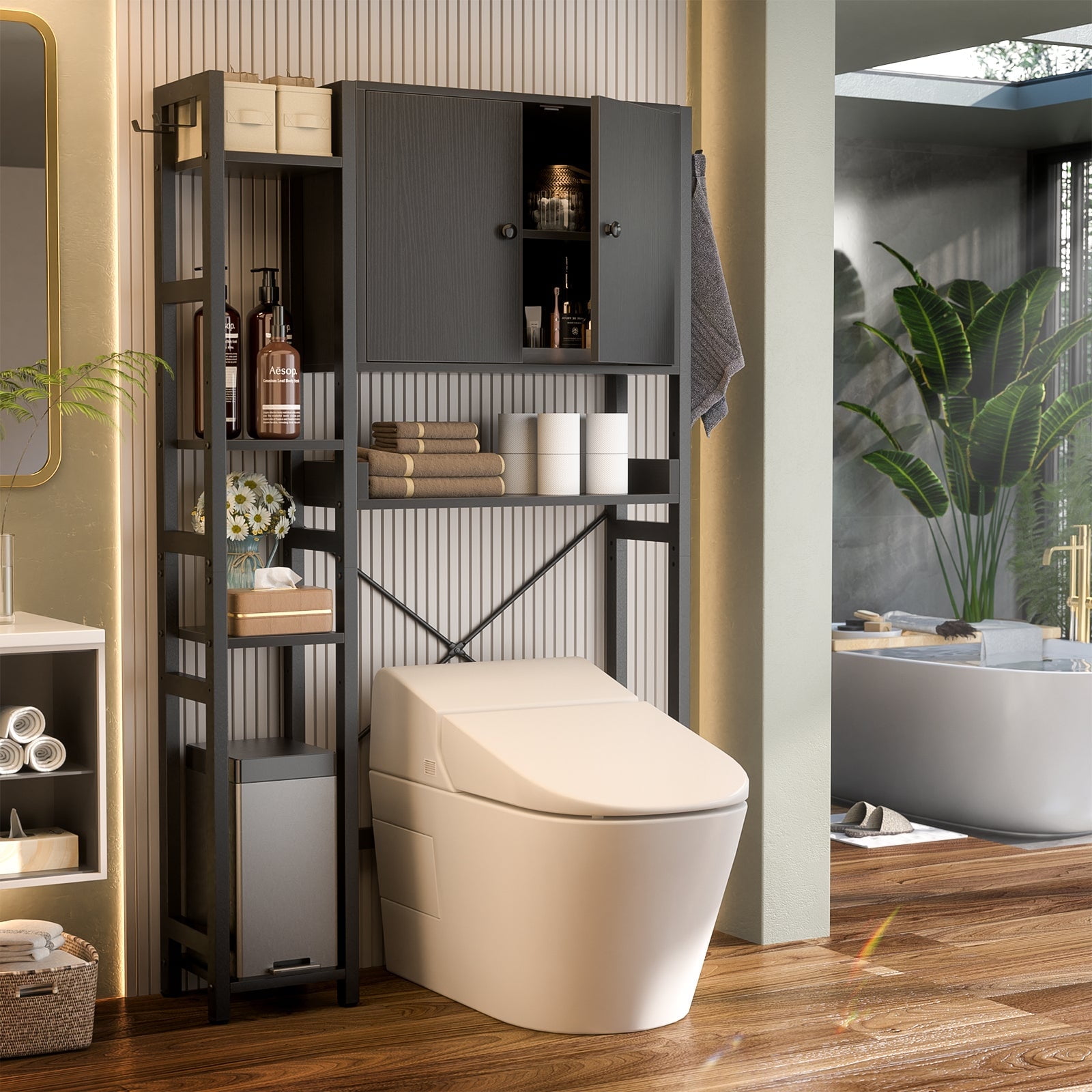 Over The Toilet Storage Cabinet with Doors, Homieasy 7 Tier Bathroom Organizer with Adjustable Shelf and 4 Hooks, Space Saving Rack for Bathroom, Restroom, Laundry