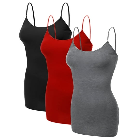 Emmalise Women's Basic Casual Long Camisole Adjustable Strap Cami Layering Top, Medium, 3Pk Black, Red, Hth Charcoal