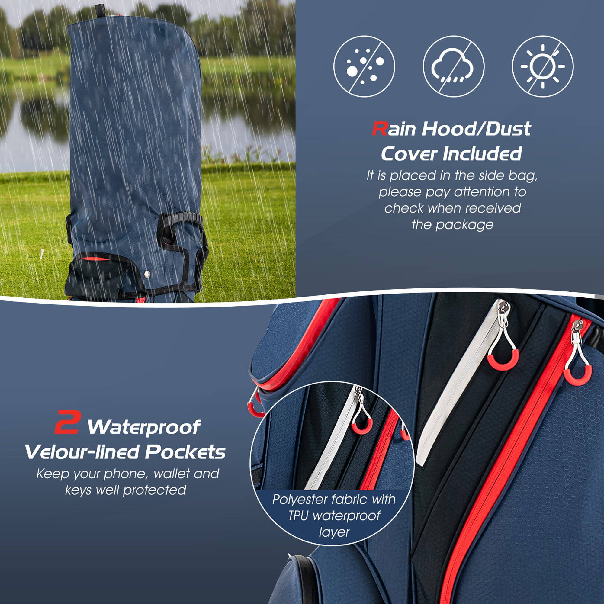 Gymax 9.5" Golf Cart Bag w/14 Divider Rain Hood Cooler Bag 8 Pockets