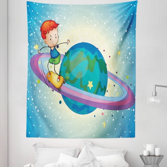 Sports Tapestry, Fantasy Boy Skateboarding on Rings of Saturn Sci Fi Cosmos Planetary Playroom, Fabric Wall Hanging Decor for Bedroom Living Room Dorm, 5 Sizes, Multicolor, by Ambesonne