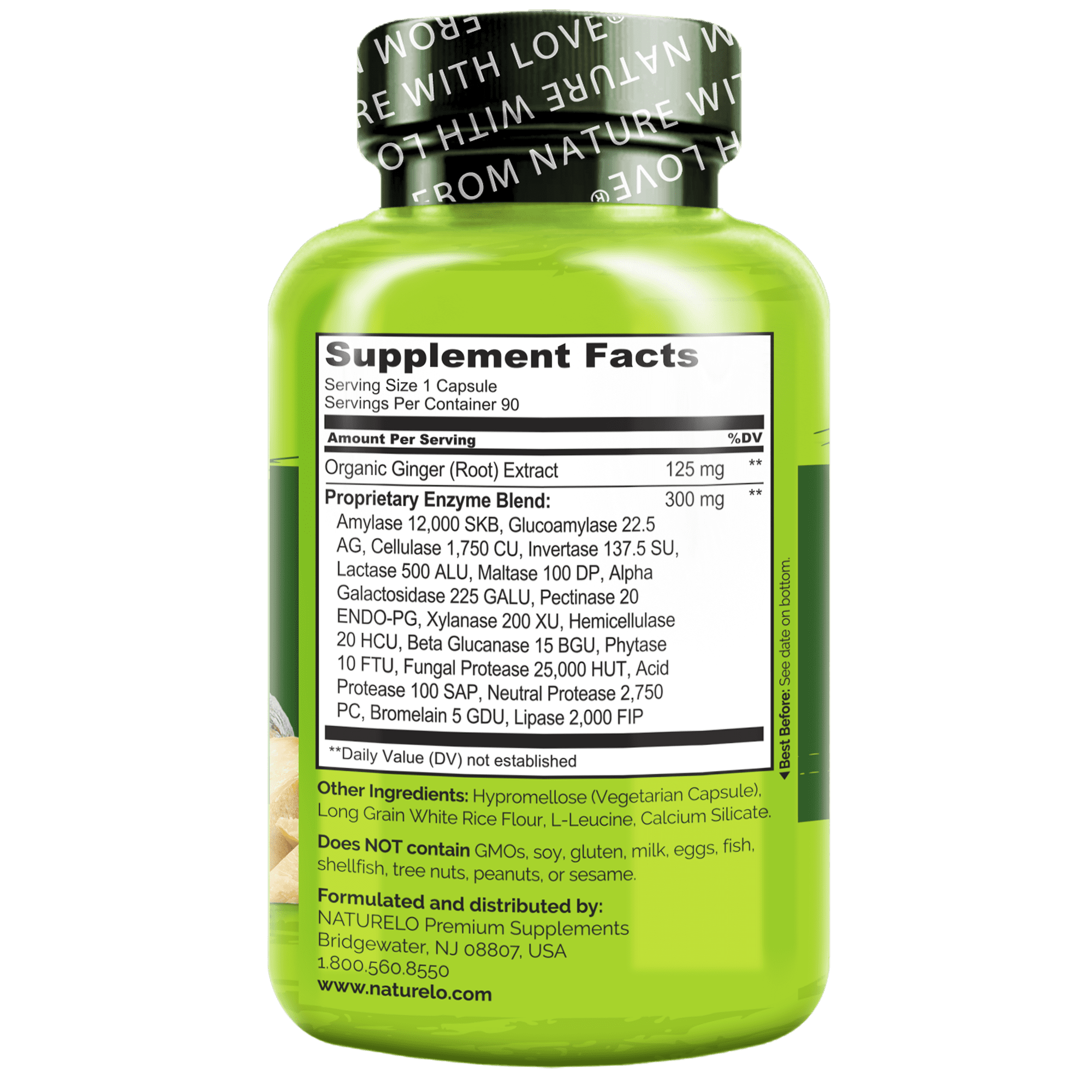 NATURELO Digestive Enzymes - Full Spectrum Support with a Broad Blend of 15 Enzymes Plus Ginger - 90 Vegan Capsules