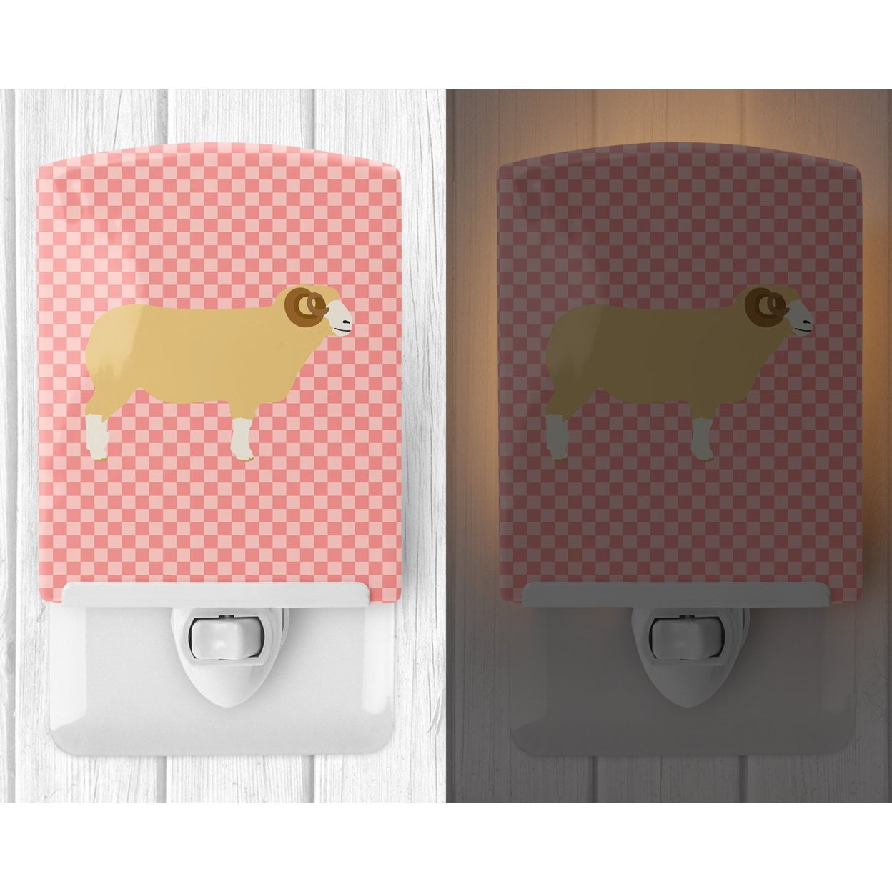 Horned Dorset Sheep Pink Check Ceramic Night Light