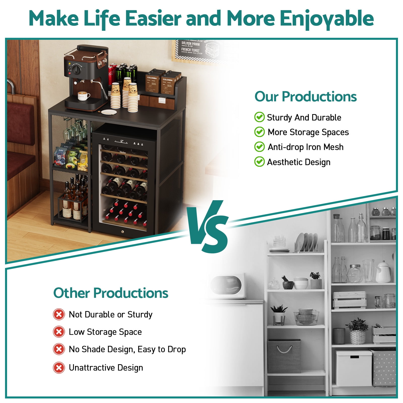 Advwin 4-Tier Mini Fridge Stand, Adjustable Kitchen Bakers Rack, Industrial Style Freestanding Utility Storage Shelf for Living Room, Dorm, Office, Bar, Gray