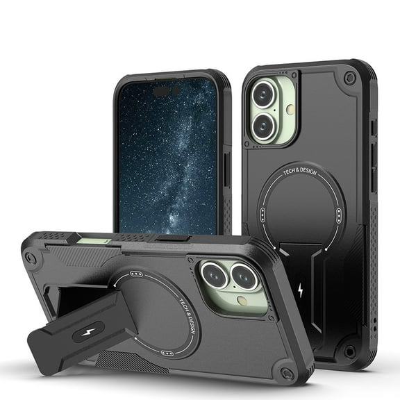 for iPhone 16 Case, Built-in Kickstand, Compatible with Magsafe, Luxury Military-Grade Armor Shockproof Drop Protective Rugged Cover Hybrid Cell Phone Case for iPhone 16 - Black