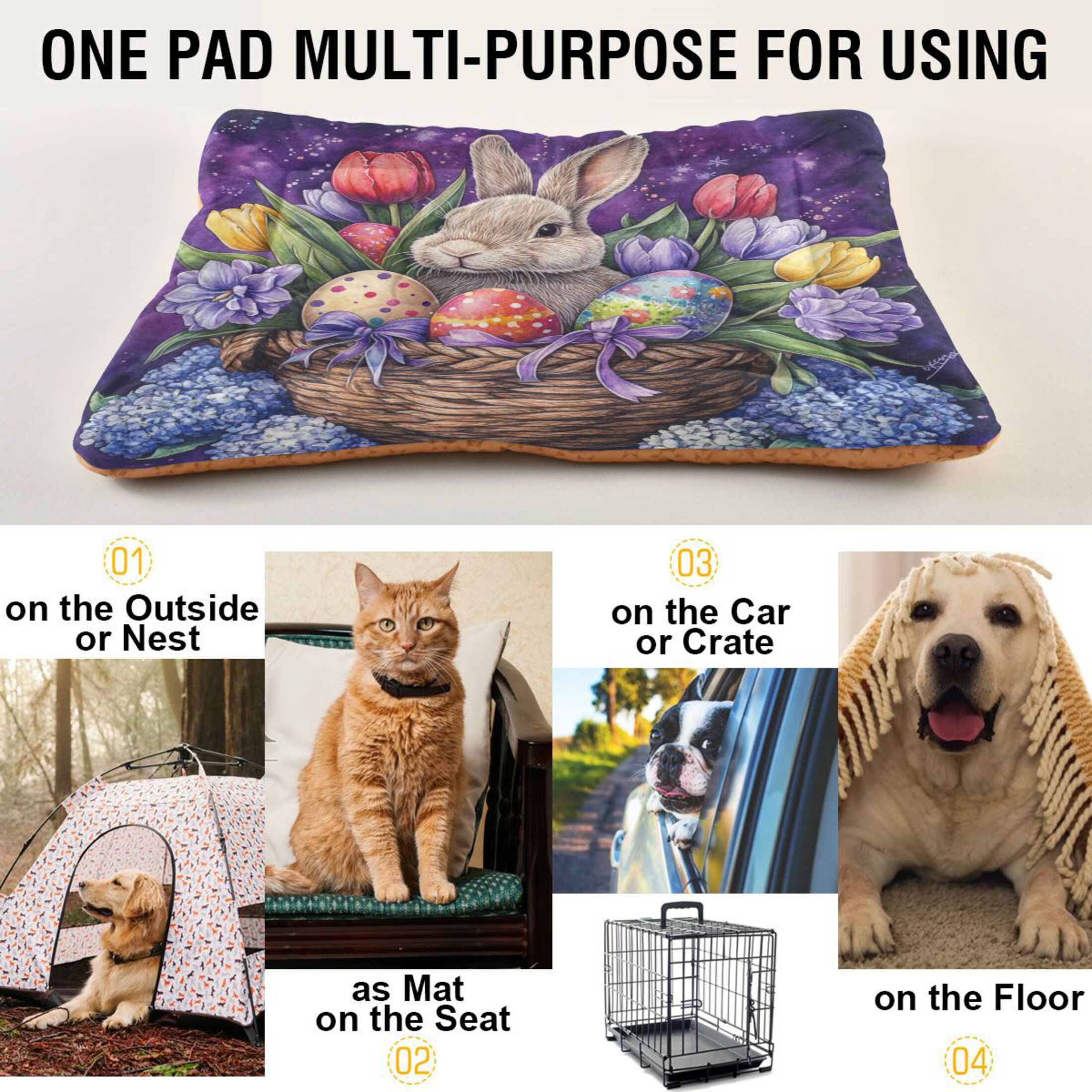 Qxltty Easter Rabbit Purple Pattern Ped Pad Wear-resistant and Hard to Bite Through Sleeping Pad for Small Medium Large Dogs Winter Pet Bed 36×24in