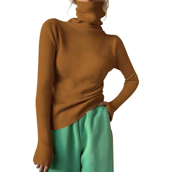 Women Sweaters Women Turtleneck Ribbed Knit Sweater Top Thumb Hole Long Sleeve Mock Neck Solid Slim Fit Casual Knitted Jumper Sweaters