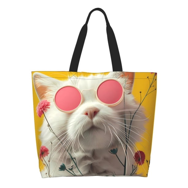 Fotbe Floral Sunglasses Cat Art Bolsa Tote Estética de Lona con Estampado para Mujer - Bolsa Reutilizable de Hombro Casual para Vacaciones, Compras, Trabajo y Gimnasio