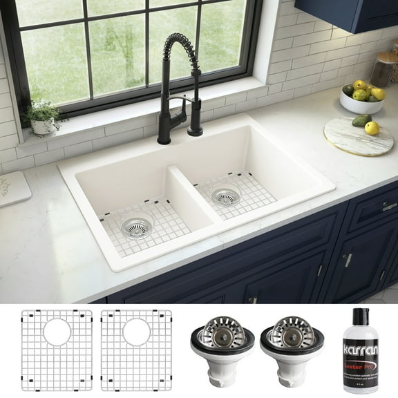 Karran QT-810 PK1 33" Top Mount Double Bowl 50/50 Quartz Kitchen Sink Kit in White
