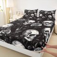 thumbnail image 4 of Manfei Gothic Floral Skull Queen Sheets 4 Pieces, Halloween Vintage Rose Flower Queen Sheet Sets, Black White Cream,1 Fitted Sheet, 1 Flat Sheet and 2 Pillowcases, 4 of 5