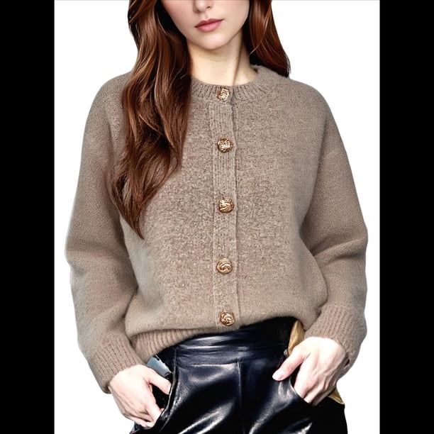 Suéteres Tipo Cárdigan con Abertura Frontal para Mujer, Chaqueta de Larga con Botones, Ropa de Otoño e Invierno. Caqui M