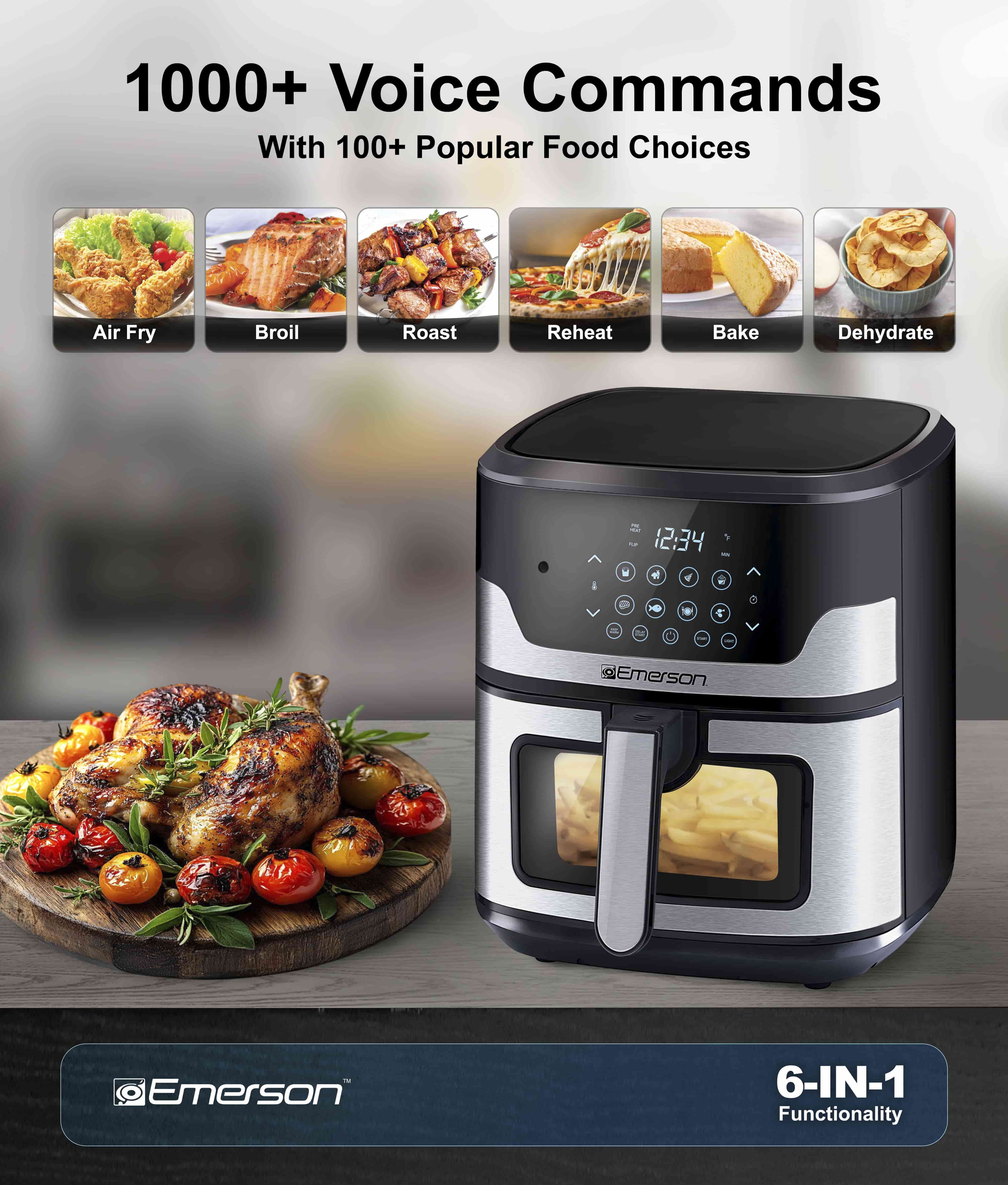 Emerson SmartVoice 5.3QT 6-in-1 Air Fryer, 1K+ Voice Control Commands, 100+ Recognized Food, No APP, No WIFI, Air Fry, Bake, Reheat, Dehydrate, 1500W