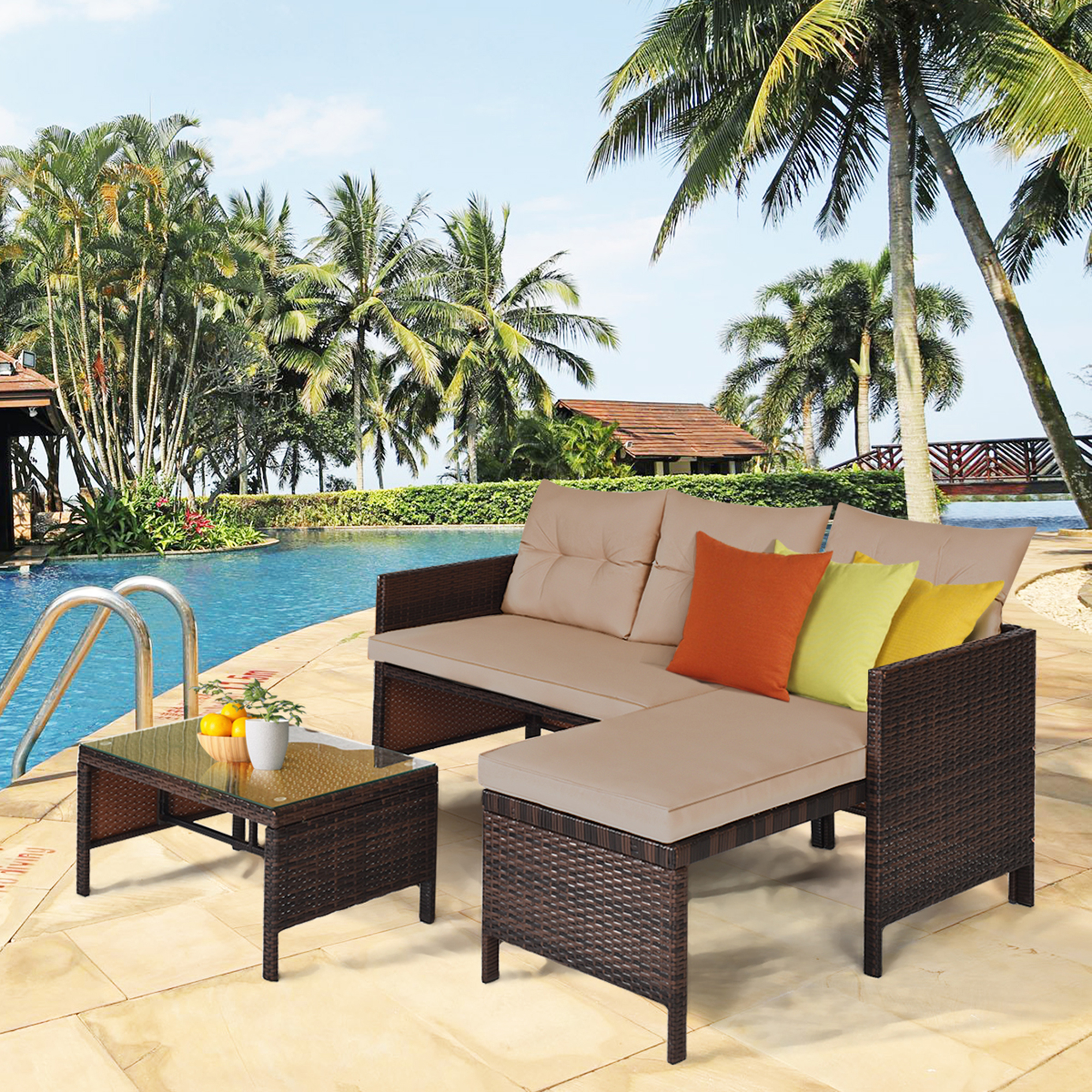 Gymax 3PCS Outdoor Rattan Furniture Set Patio Couch Sofa Set w/ Coffee Table - image 3 of 10