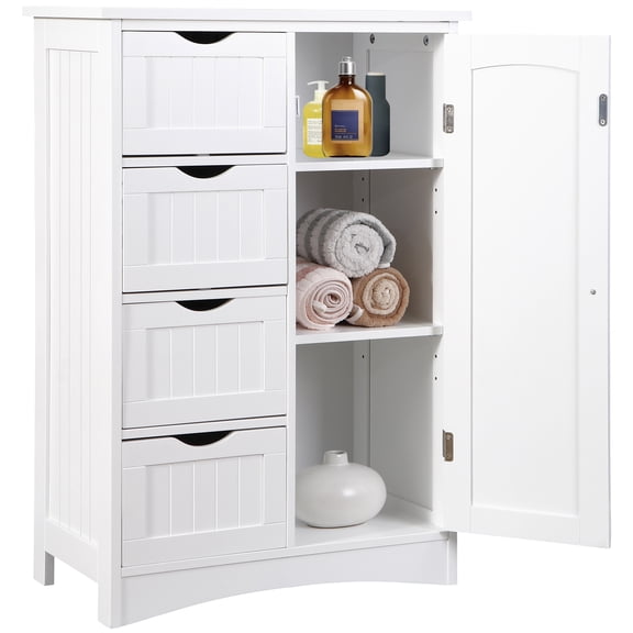 WoofPaw Wooden Floor Cabinet, Freestanding Side Storage Organizer Unit with 4 Drawers and 1 Door, Console Table with 2 Adjustable Shelves for Living Room, White