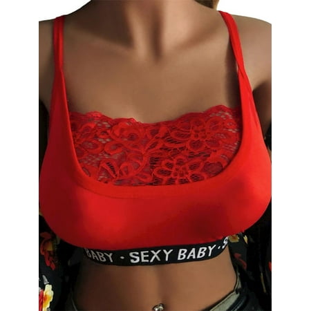 

Julycc Womens Letter Print Camisole Crop Top Lace Lingerie Bra Underwear