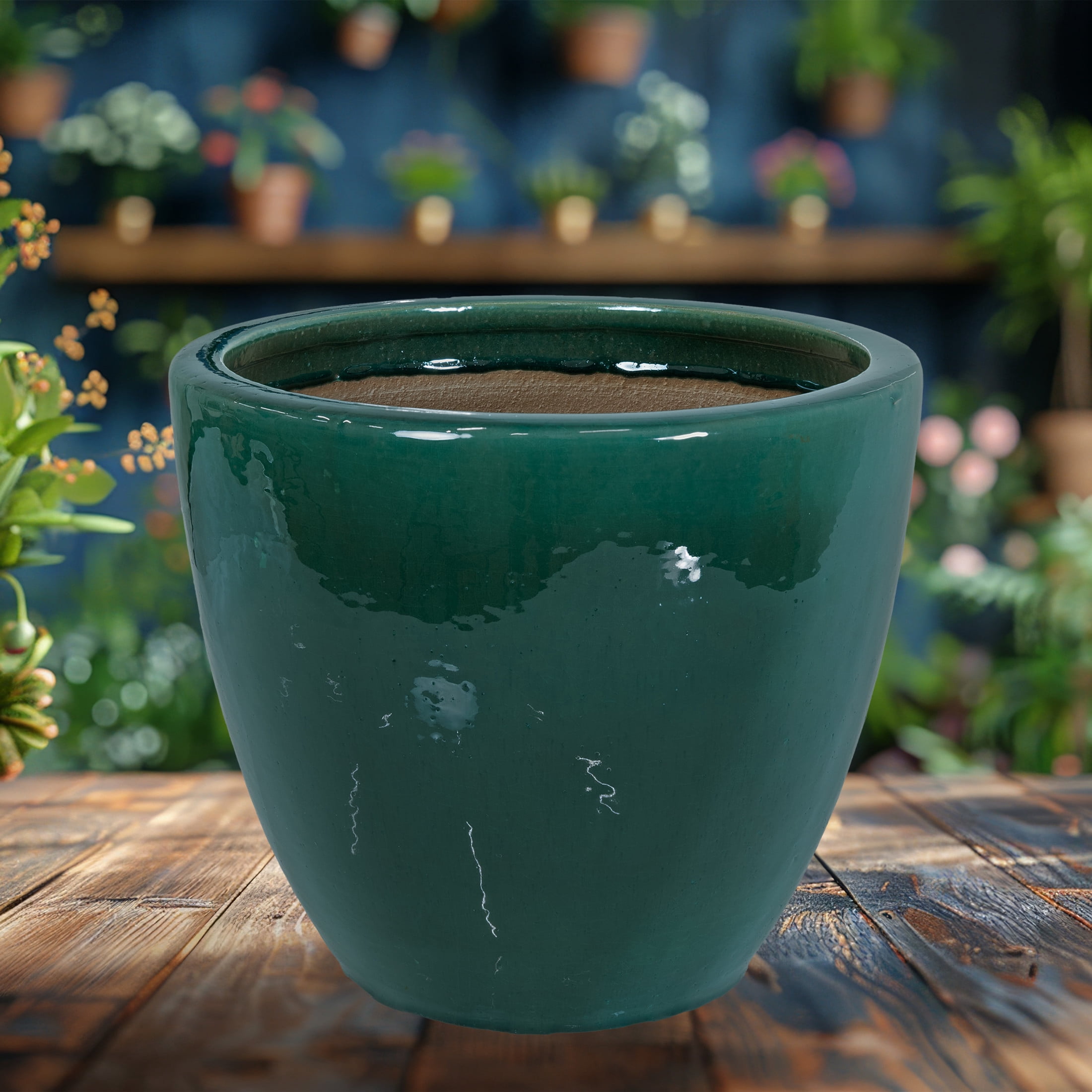 Sunnydaze Resort 15" x 15" x 11.25" H Round Dark Green Ceramic Solid Plant Pot