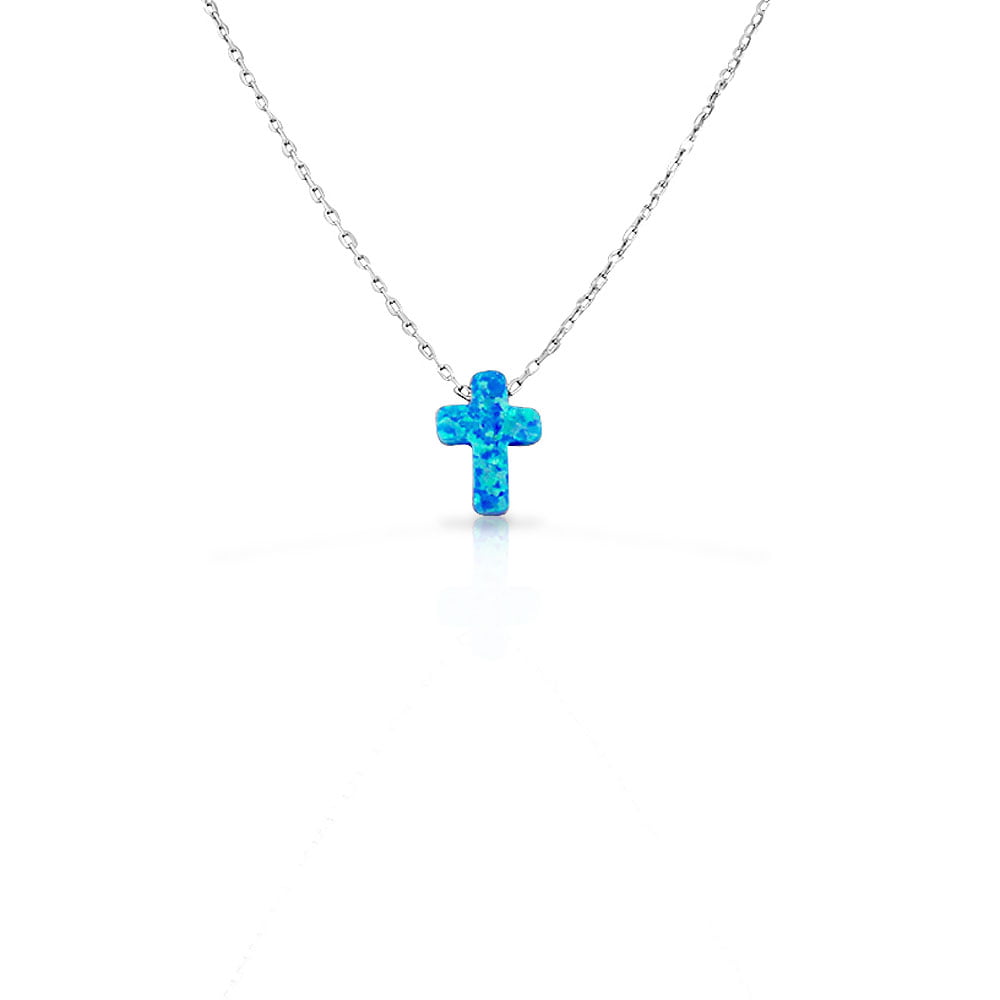 Religious CZ Marquise Created Blue Opal Cross Pendant Necklace For Women For Teen 925 Sterling Silver October Birthstone