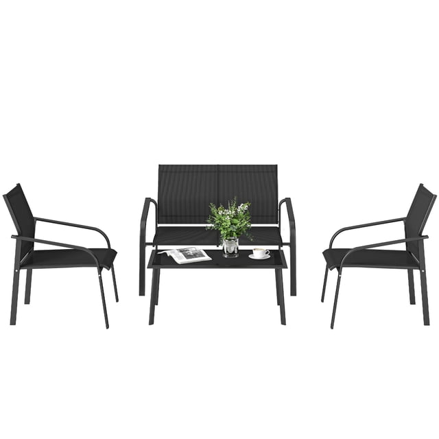 Ensemble de Mobilier de Patio 4 Pcs avec Causeuse à Assise Profonde, 2 Fauteuils et Table Basse en Verre, Ensemble de Conversation Extérieur en Maille Résistante aux Intempéries et Cadre en Acier pour Cour Arrière, Terrasse, Balcon, Noir