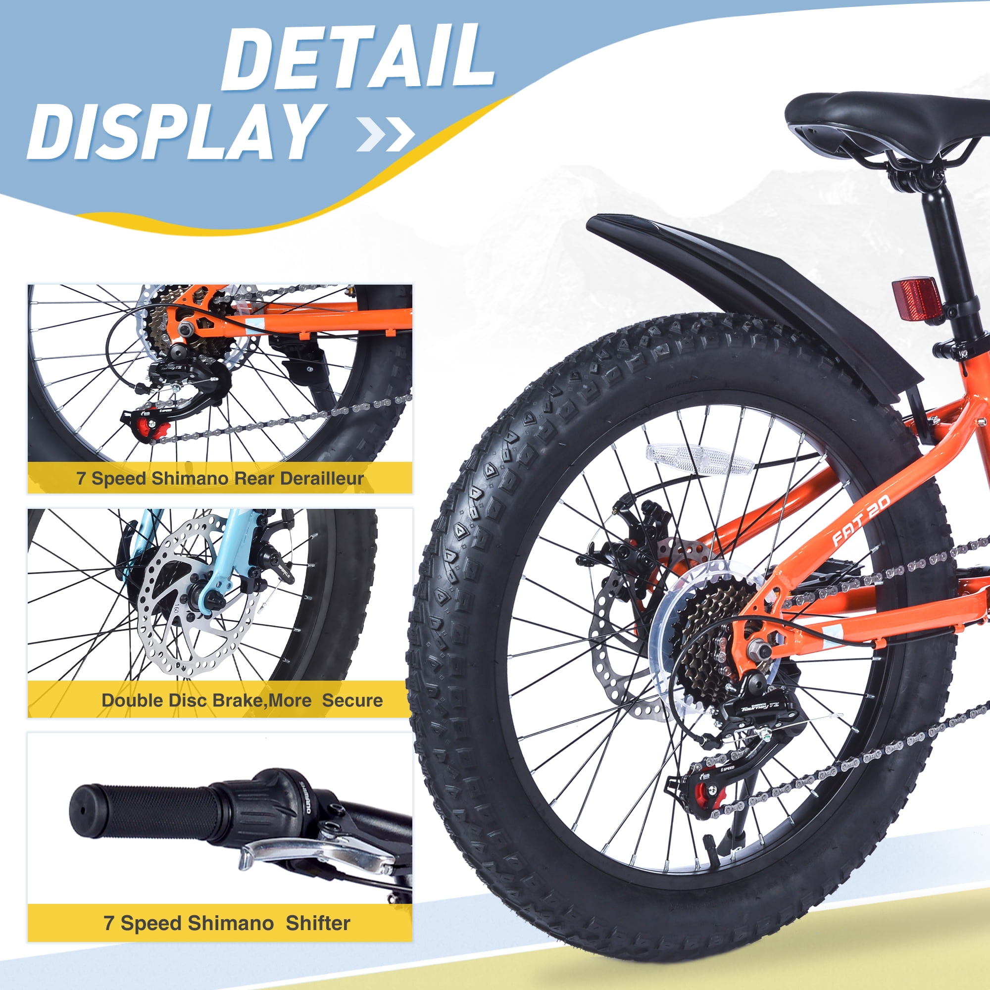 Zukka 20 inch Mountain Bike Fat Tire 7 Speed Hardtail Dual Disc Brake for Youth Boys Girls Orange