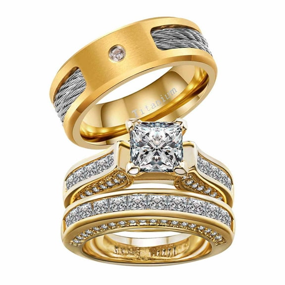 His and Hers Wedding Ring Sets Couples Rings Yellow Gold Plated Square White Cz Titanium band