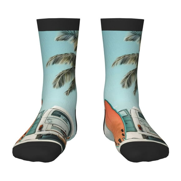 Wukai Vintage Surf Van Beach for Children's Mid-tube Socks, Elastic Contrast Color Sports Socks, Suitable for Boys and Girls Aged 6-10
