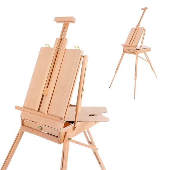 Artkey Beechwood French Easel with Storage Drawer, Natural Wood Finish, Portable Folding Artist Field Easel & Sketchbox, Adjustable Height up to 71 in, 1-Pack