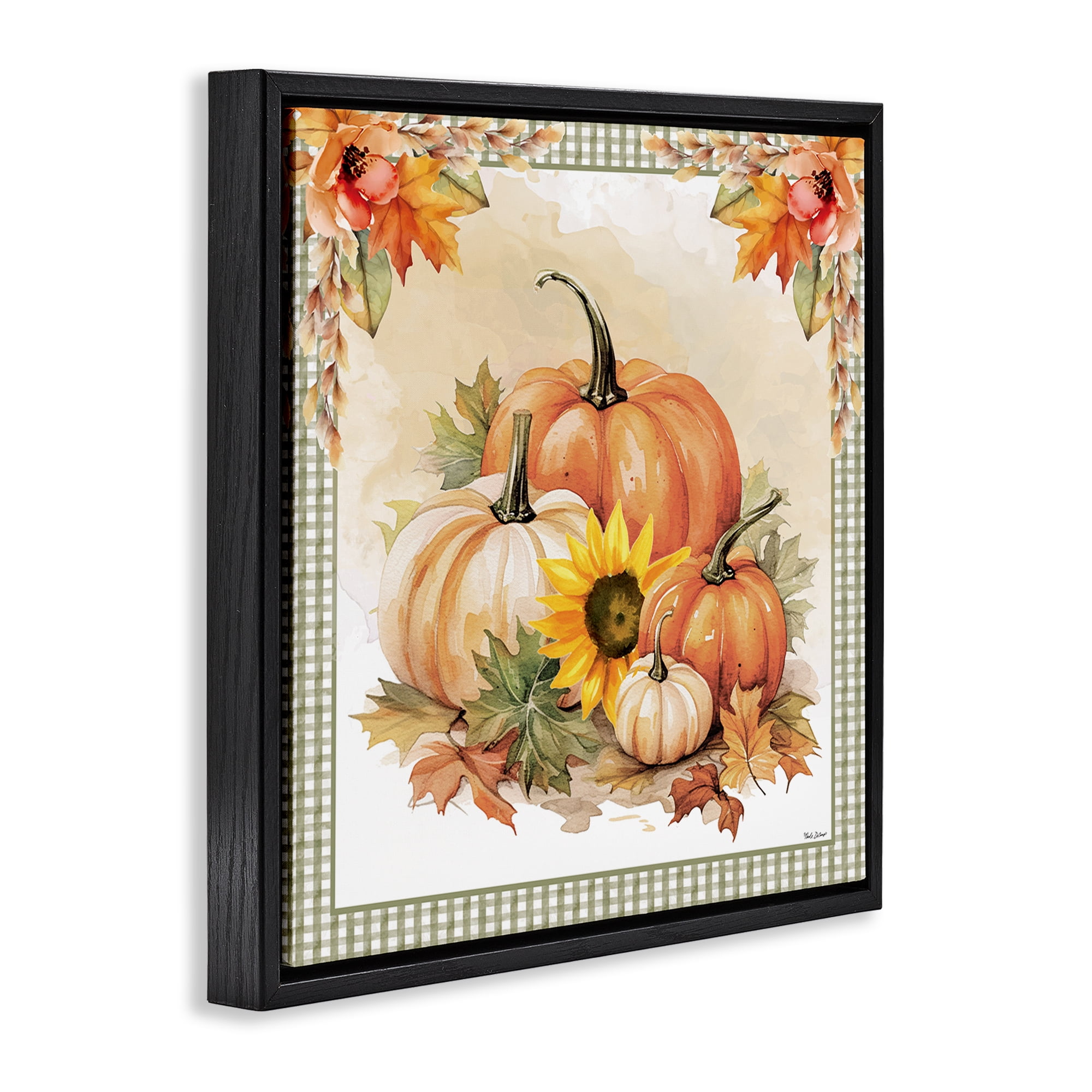 Stupell Industries Autumn Pumpkins Floral Border Botanical & Floral Painting Black Floater Framed Canvas Art Prints Wall Art, 25 x 25