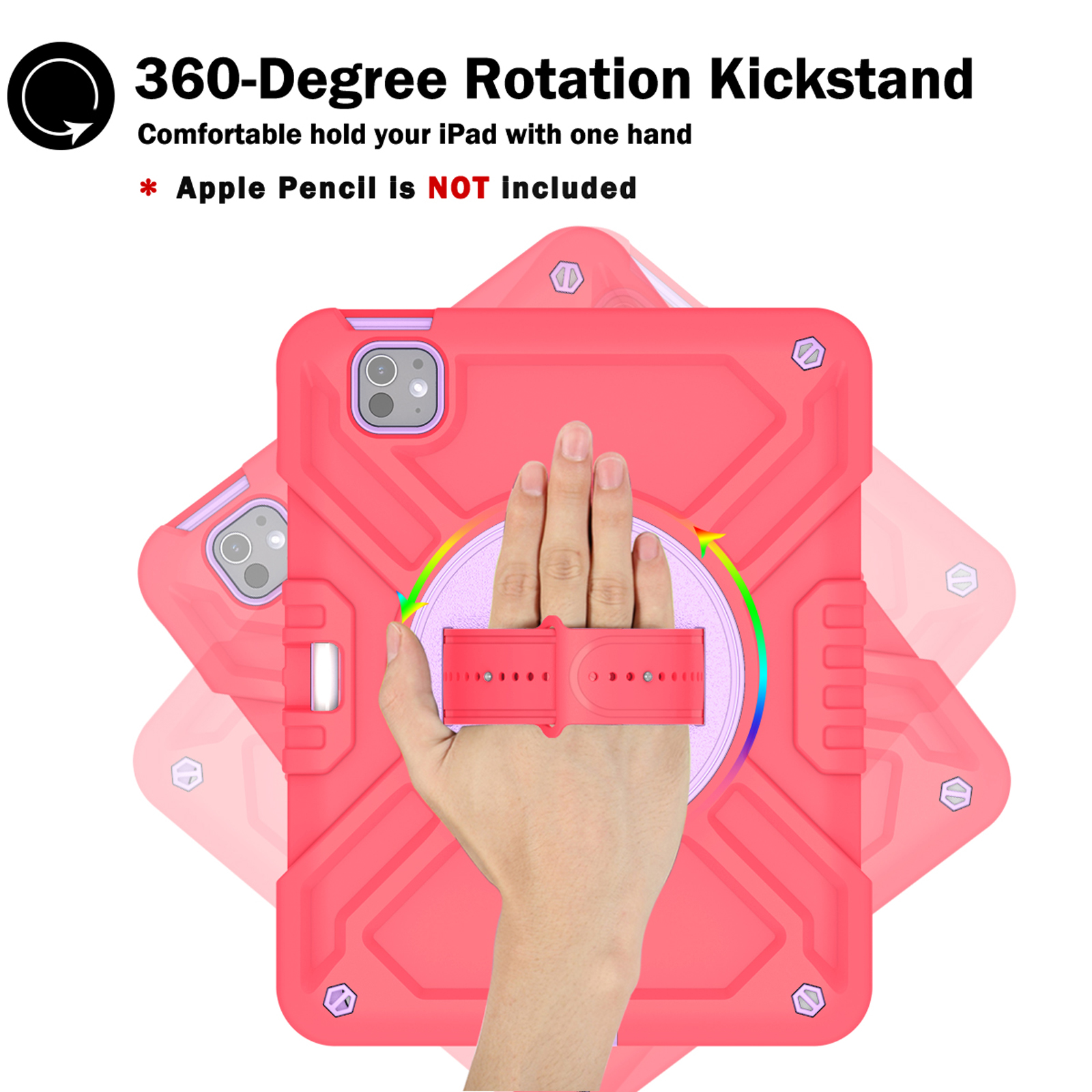 Military Grade Case for Apple iPad Pro 11 2024,Shoulder Strap Shockproof iPad Case with Pencil Holder 360 Rotating Hand Strap+Kicstand Rugged Siicone and Hard PC Case,Redpurple
