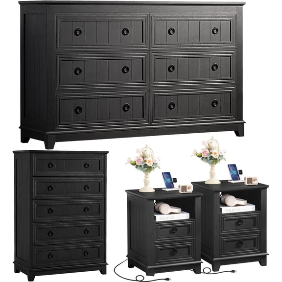 LEYAOYAO 4 Piece Bedroom Dresser Set & Nightstands Set, Farmhouse Complete Bedroom Furniture Set with Spacious Storage, Black