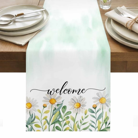 Daisies Flowers Table Runner - 72 Inch Long, Kitchen Dining Table Runner Dresser Scarves, Farmhoue Country Bitanical Ombre Green Farmhouse Decor for Coffee Tables Wedding Party Banquet