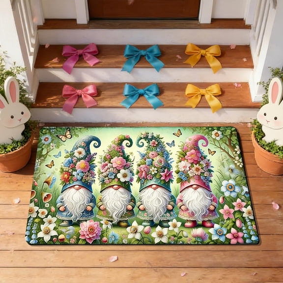 TechToyHub Spring Floral Gnome Welcome Doormat,23.6" x 15.7" Non-Slip Front Door Mat for Outdoor Indoor,Gnomies Flower Butterfly Entryway Rug,Washable,Farmhouse Spring Home Decor for Patio Kitchen