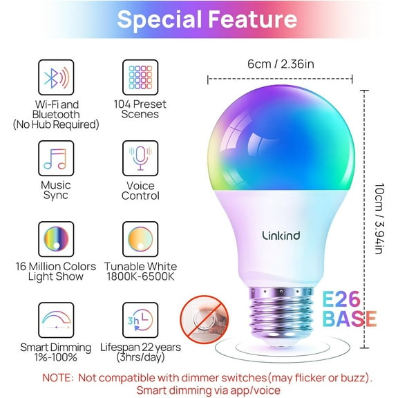 Smart Light Bulbs, Smart Bulb That Work with Alexa & Google Home, LED Light Bulbs Color Changing, 104 Preset Scene, Music Sync, A19 E26 2.4GHz RGBTW WiFi Bluetooth Light Bulb 60W, 800LM, 4Pack
