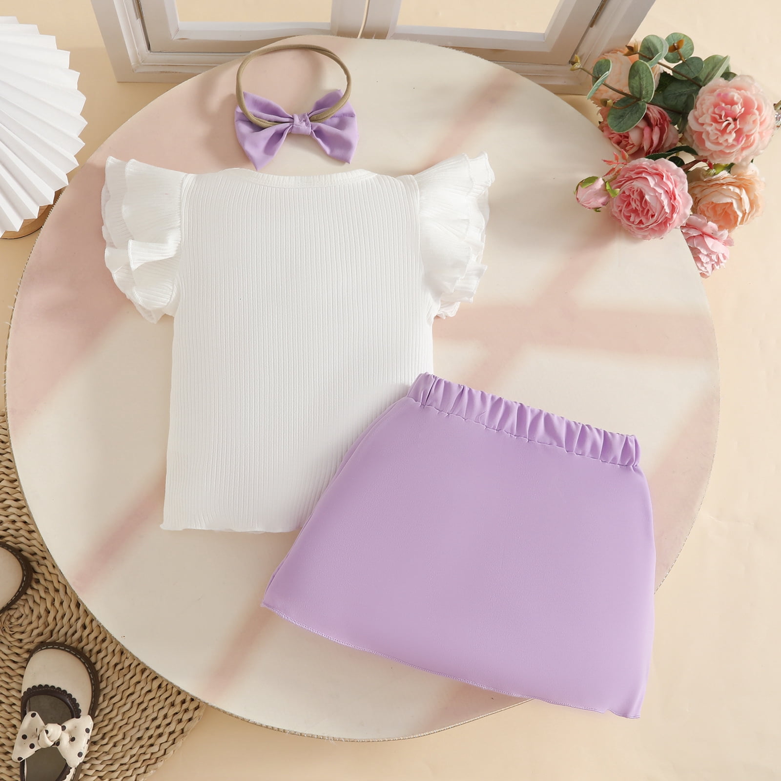 Faraee Toddler Baby Girl Skirts Outfit Infant Summer Clothes Ruffle Sleeveless Knit Vest Top A-Line Skirt Set with Headband (2-3T,Light Purple)