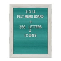 Decorative 11x14 Felt Memo Board with Worn White Wooden Frame and 356 Letters, Numbers, and Emojis, Turquoise