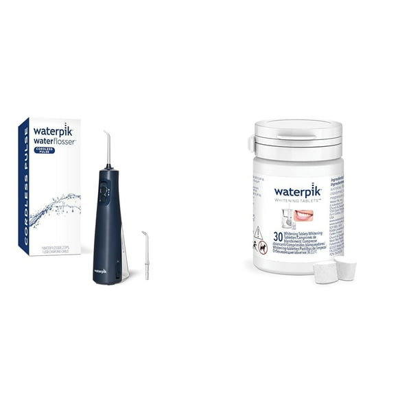 Waterpik Cordless Pulse Rechargeable Portable Water Flosser for Teeth, Gums & Fresh Mint Whitening Refill Tablets (30 Count) â for Use with Waterpik Boost Tip