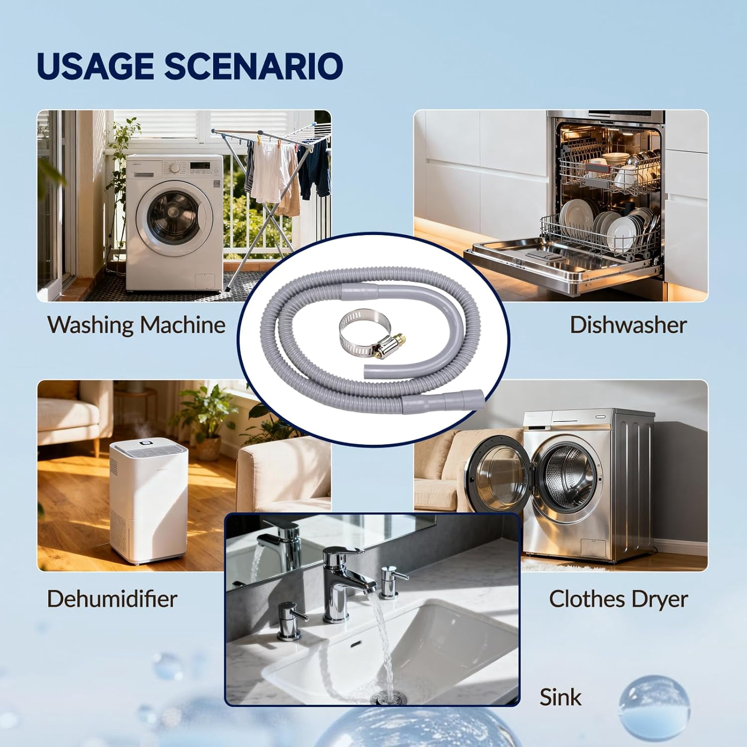6FT Universal Washer Drain Hose, Leak-Proof & Cut-to-Fit PVC Hose, Compatible with Whirlpool, LG, Samsung Washing Machines/Dishwashers/Dryers