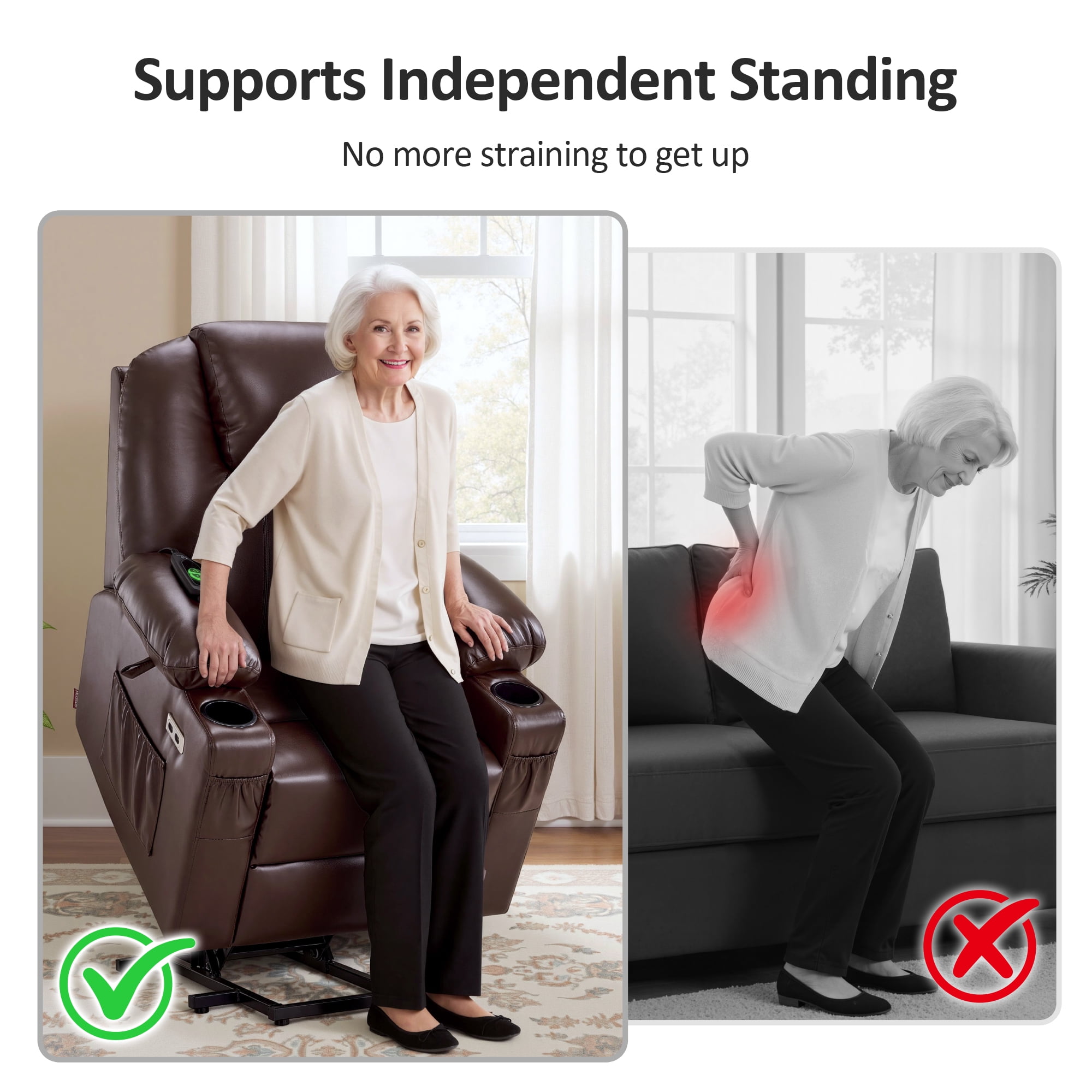 MCombo Electric Power Lift Recliner Chair Sofa with Massage and Heat for Elderly, 3 Positions, 2 Side Pockets, and Cup Holders, USB Ports, Faux Leather 7141 Dark Brown, Small
