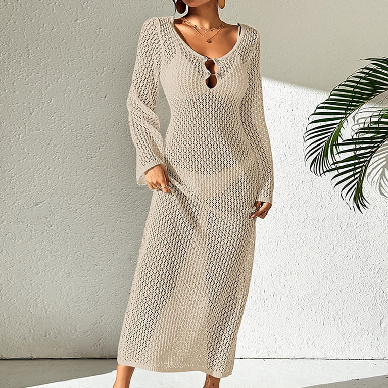 Women Hollow Out Crochet Dresses Maxi Low Cut Long Sleeve Sundress See  Through Backless Knitted Coverup Beach Dress S-L - Walmart.com