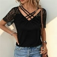 thumbnail image 5 of Olyvenn Women's T-Shirt Lace Short Sleeve Criss Cross V-Neck Tops 2025 Summer Lace Patchwork Trendy Casual Comfy Tshirts Black L, 5 of 7