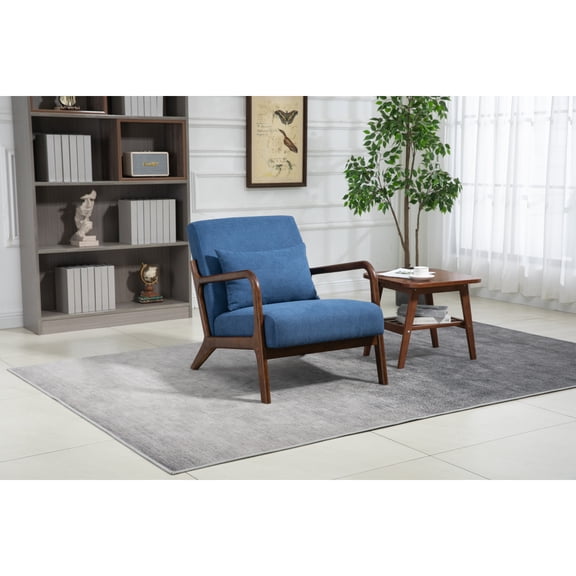 Mid Century Modern Accent Chair with Wood Frame, Upholstered Living Room Chairs with Waist Cushion, Reading Armchair for Bedroom Sunroom