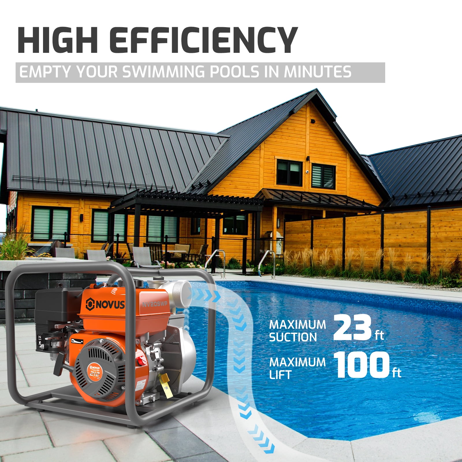 NOVUS Semi Trash Pump 2 inch, Gas Powered Water Pump for Pond Pool Draining Gardening Irrigation 141 GPM 100ft Lift 23ft Suction, EPA Certified