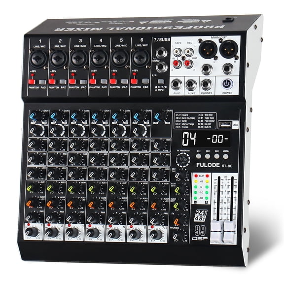 Audio Mixer 8 Channel Professional Sound Mixer Console with 99 DSP Effects, Mixing Board DJ Mixer w/USB, Bluetooth, 48V Power Supply, PAD Button for Recording Karaoke PA Drum Live Music