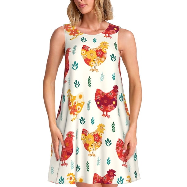 Balery Flower Chicken Vestidos de verano para mujer con estampado: vestido holgado sin mangas, vestido playero informal y cómodo para días calurosos.