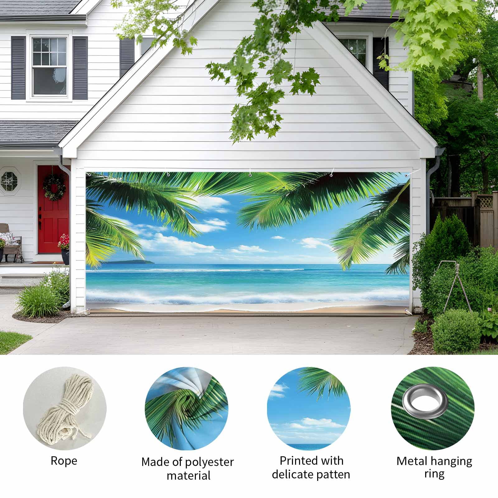 Beach Ocean Waves Garage Door Cover Banner 7 x 16 FT, Summer Tropical Palm Tree Leaves Garage Door Curtains Backdrop with Grommets for Indoor Outdoor Wall Party Porch Yard Decorations Background