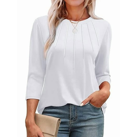 3/4 Length Sleeve Womens Tops Round Neck Casual Tunic Tops Basic Pleated Shirts Loose Fit 2025 White XXL