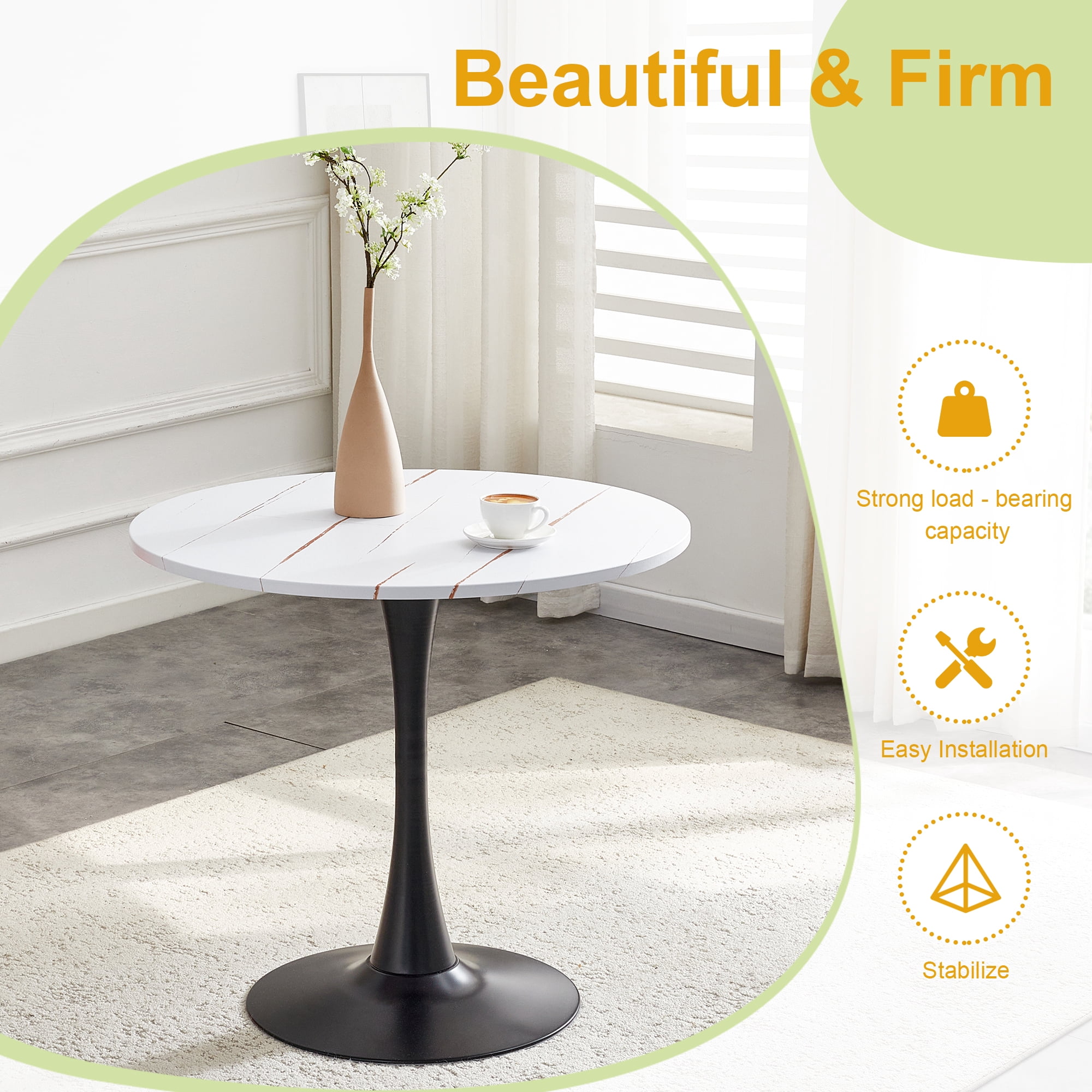 Miniyam 31.5" Round Kitchen Dining Table for 2–4 People, Small Space Pedestal Tulip Table with Engineered Wood Top, White&Black
