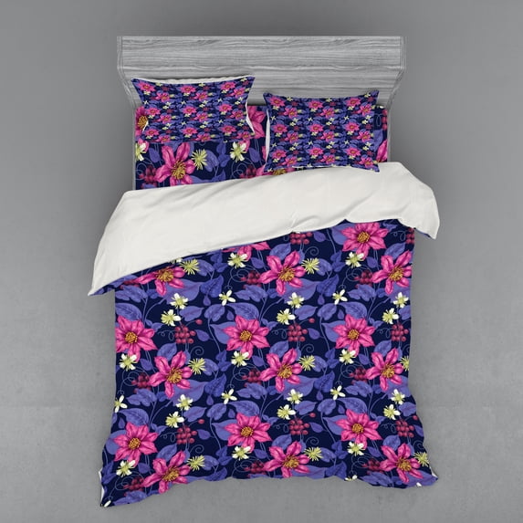Ambesonne Floral Bedding Set 4 Pcs, Tropicana Orchids Hawaii, Queen, Violet Magenta Indigo